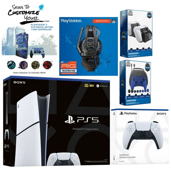 Sony Playstation 5 Slim Digital with Extra White Controller, Plantronics Headset, Gamer Kit, Charge Dock and MightySkins Decal Voucher + 1 Year CPS Extended Warranty
