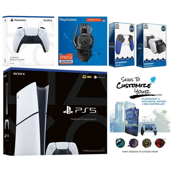 Sony Playstation 5 Slim Digital with Extra White Controller, Plantronics Headset, Trigger Stop Kit, Charge Dock and MightySkins Decal Voucher + 1 Year CPS Extended Warranty
