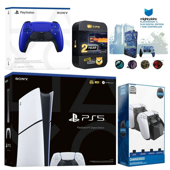 Sony Playstation 5 Slim Digital with Extra Cobalt Blue Controller, Dual Charging Dock and MightySkins Decal Voucher Plus 2 Year CPS Extended Warranty
