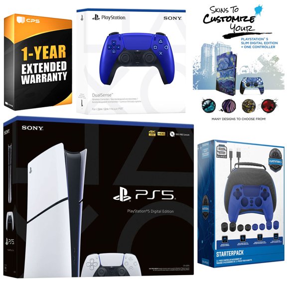 Sony Playstation 5 Slim Digital with Extra Cobalt Blue Controller, Gamer Starter Kit and MightySkins Decal Voucher Plus 1 Year CPS Extended Warranty