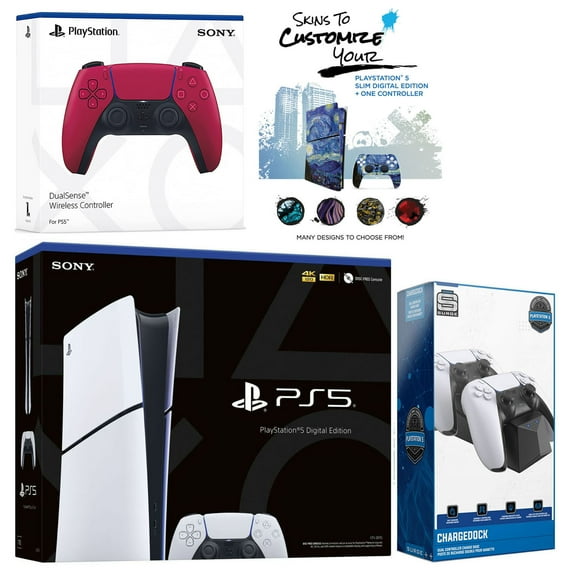 Sony Playstation 5 Slim Digital with Extra Cosmic Red Controller, Dual Charging Dock and MightySkins Decal Voucher Plus 1 Year CPS Extended Warranty