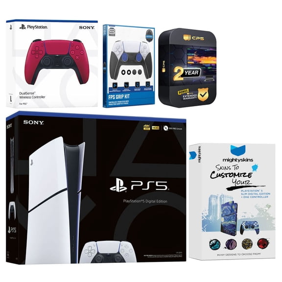 Sony Playstation 5 Slim Digital with Extra Cosmic Red Controller, FPS Grip Kit and MightySkins Decal Voucher Plus 2 Year CPS Extended Warranty