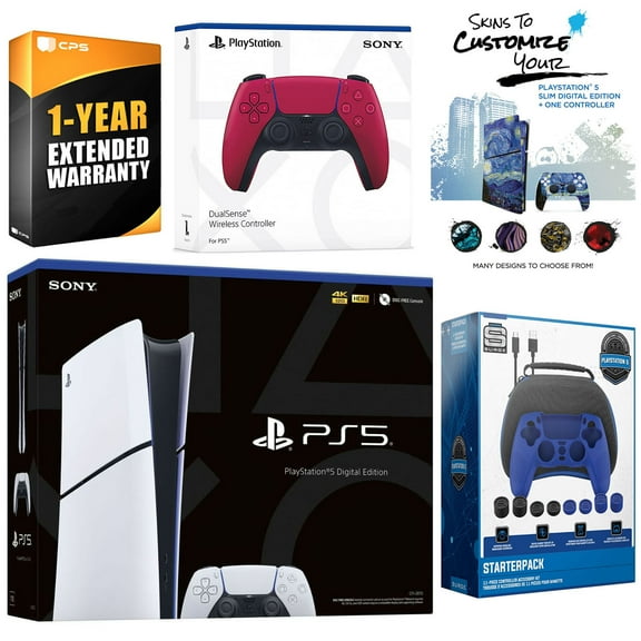 Sony Playstation 5 Slim Digital with Extra Cosmic Red Controller, Gamer Starter Kit and MightySkins Decal Voucher Plus 1 Year CPS Extended Warranty