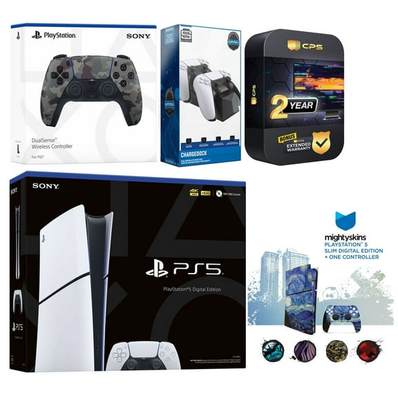 Sony Playstation 5 Slim Digital with Extra Gray Camo Controller, Dual Charging Dock and MightySkins Decal Voucher Plus 2 Year CPS Extended Warranty