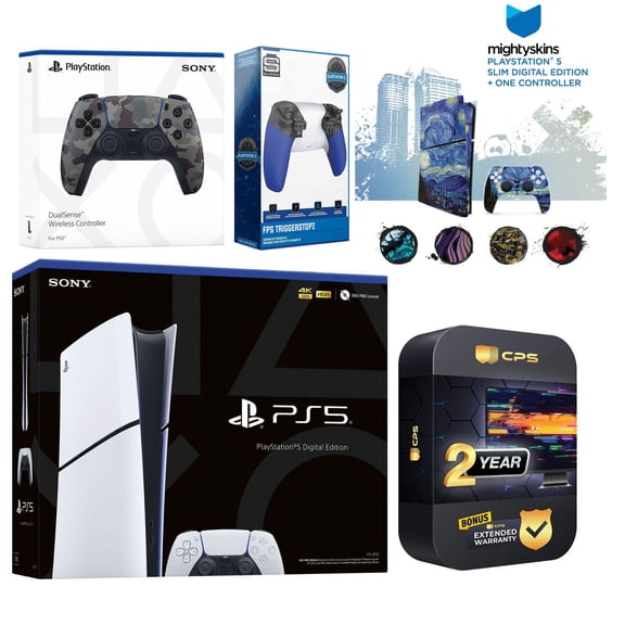 Sony Playstation 5 Slim Digital with Extra Gray Camo Controller, Trigger Stop Kit and MightySkins Decal Voucher Plus 2 Year CPS Extended Warranty