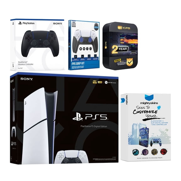 Sony Playstation 5 Slim Digital with Extra Midnight Black Controller, FPS Grip Kit and MightySkins Decal Voucher Plus 2 Year CPS Extended Warranty