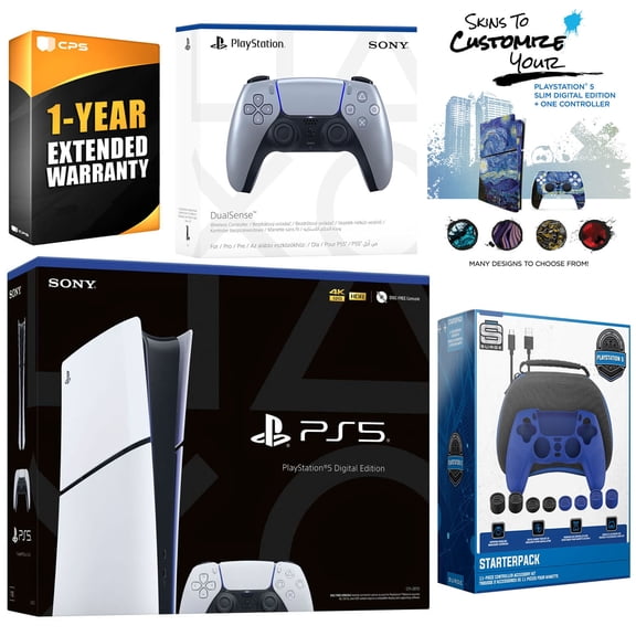 Sony Playstation 5 Slim Digital with Extra Sterling Silver Controller, Gamer Starter Kit and MightySkins Decal Voucher + 1 Year CPS Extended Warranty