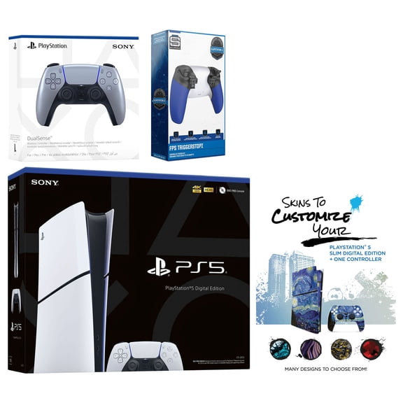 Sony Playstation 5 Slim Digital with Extra Sterling Silver Controller, Trigger Stop Kit and MightySkins Decal Voucher + 1 Year CPS Extended Warranty