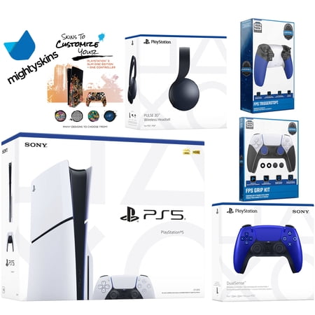 Sony Playstation 5 Slim Disc Bundle with Black Pulse Headset, Extra Cobalt Blue Controller, Trigger Stop Kit, FPS Grip Kit and MightySkins Decal Voucher