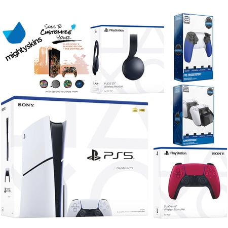 Sony Playstation 5 Slim Disc Bundle with Black Pulse Headset, Extra Cosmic Red Controller, Trigger Stop Kit, Dual Charge Dock and MightySkins Decal Voucher