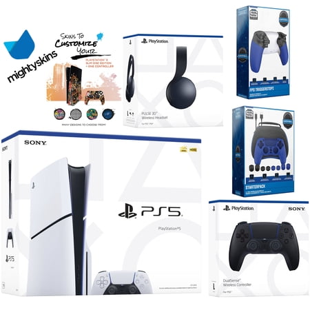 Sony Playstation 5 Slim Disc Bundle with Black Pulse Headset, Extra Midnight Black Controller, Pro Gamer Kit, Trigger Kit and MightySkins Decal Voucher