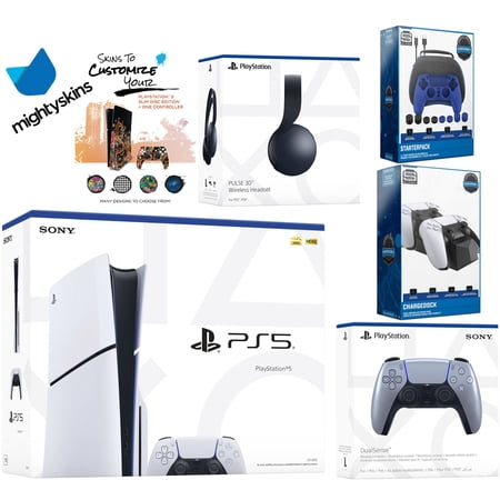 Sony Playstation 5 Slim Disc Bundle with Black Pulse Headset, Extra Sterling Silver Controller, Pro Gamer Kit, Dual Charge Dock and MightySkins Decal Voucher