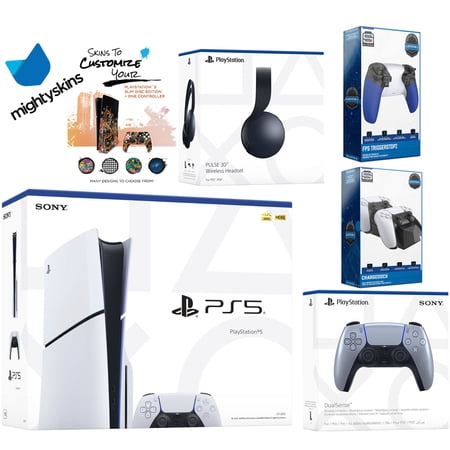 Sony Playstation 5 Slim Disc Bundle with Black Pulse Headset, Extra Sterling Silver Controller, Trigger Stop Kit, Dual Charge Dock and MightySkins Decal Voucher