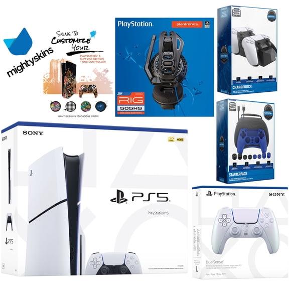Sony Playstation 5 Slim Disc Bundle with Extra Chroma Pearl Controller, Plantronics Headset, Pro Gamer Kit, Dual Charge Dock and MightySkins Decal Voucher