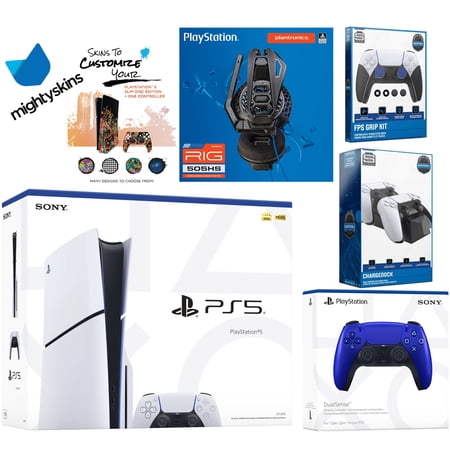 Sony Playstation 5 Slim Disc Bundle with Extra Cobalt Blue Controller, Plantronics Headset, FPS Grip Kit, Dual Charge Dock and MightySkins Decal Voucher