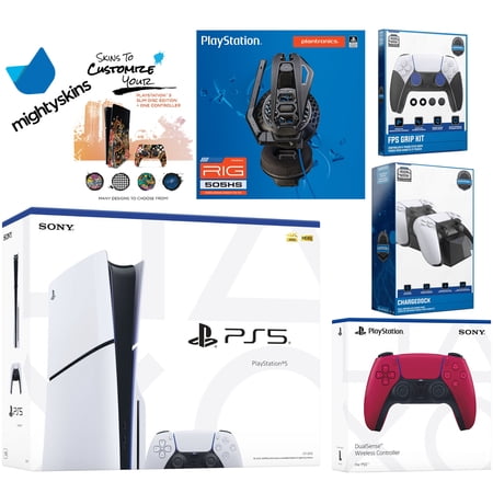 Sony Playstation 5 Slim Disc Bundle with Extra Cosmic Red Controller, Plantronics Headset, FPS Grip Kit, Dual Charge Dock and MightySkins Decal Voucher