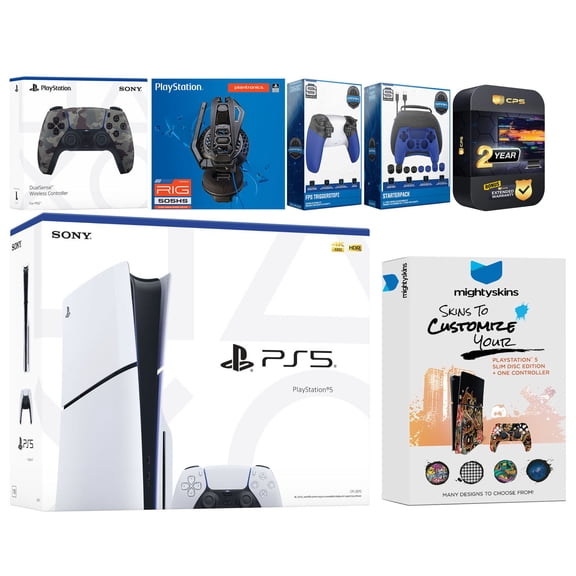 Sony Playstation 5 Slim Disc Bundle with Extra Gray Camo Controller, Plantronics Headset, Gamer Kit, Trigger Kit and MightySkins Decal Voucher Plus 2 Year CPS Extended Warranty