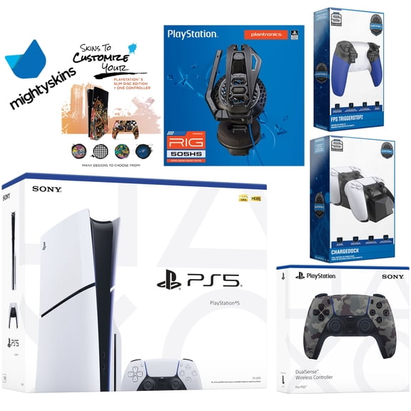 Sony Playstation 5 Slim Disc Bundle with Extra Gray Camo Controller, Plantronics Headset, Trigger Stop Kit, Dual Charge Dock and MightySkins Decal Voucher