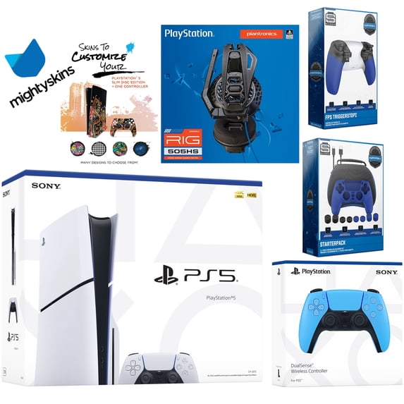 Sony Playstation 5 Slim Disc Bundle with Extra Starlight Blue Controller, Plantronics Headset, Pro Gamer Kit, Trigger Kit and MightySkins Decal Voucher