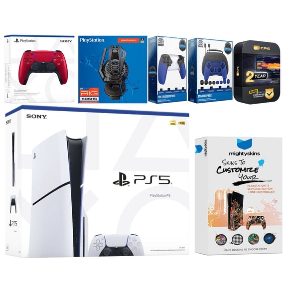 Sony Playstation 5 Slim Disc Bundle with Extra Volcanic Red Controller, Plantronics Headset, Gamer Kit, Trigger Kit and MightySkins Decal Voucher Plus 2 Year CPS Extended Warranty