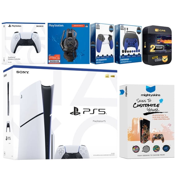 Sony Playstation 5 Slim Disc Bundle with Extra White Controller, Plantronics Headset, Gamer Kit, Trigger Kit and MightySkins Decal Voucher Plus 2 Year CPS Extended Warranty