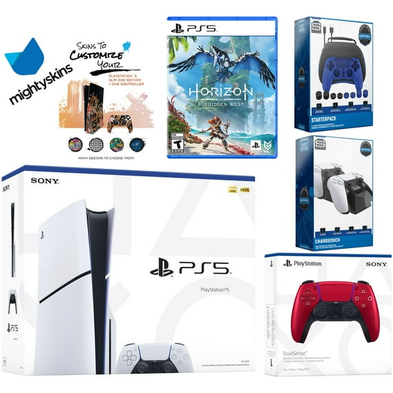 Sony Playstation 5 Slim Disc Bundle with Horizon Forbidden West, Extra Volcanic Red Controller, Pro Gamer Kit, Dual Charge Dock and MightySkins Decal Voucher