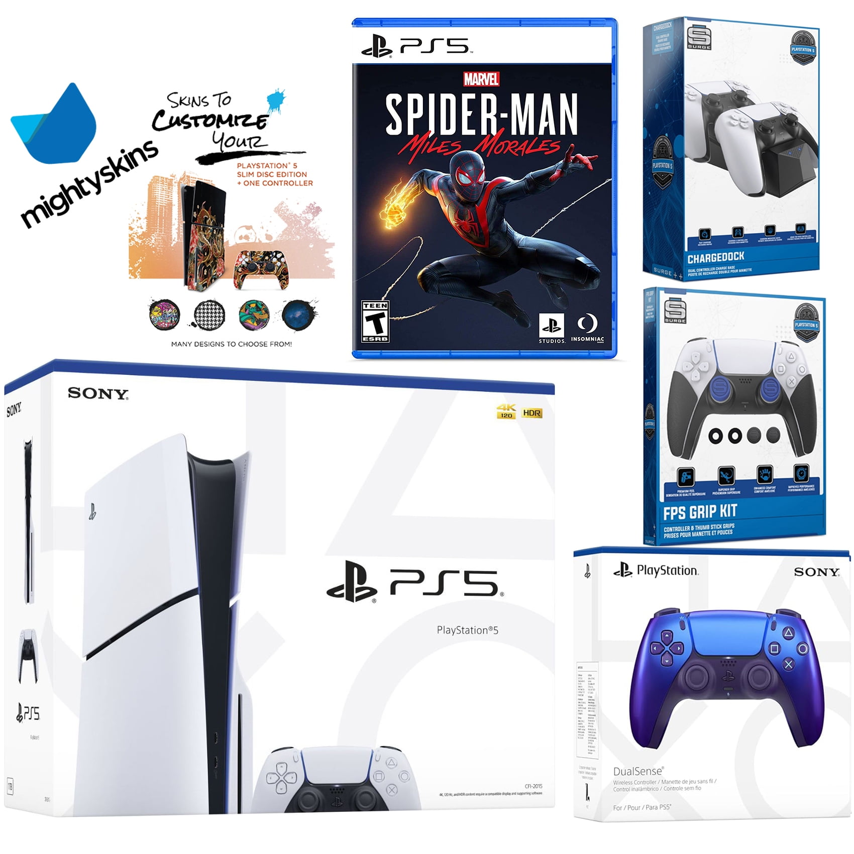 Sony Playstation 5 Slim Disc Bundle with Spider-Man: Miles Morales, Extra Chroma Indigo Controller, FPS Grip Kit, Dual Charge Dock and MightySkins Decal Voucher