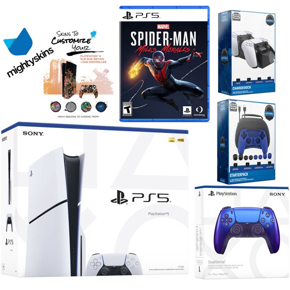 Sony Playstation 5 Slim Disc Bundle with Spider-Man: Miles Morales, Extra EDGE Controller, Pro Gamer Kit, Dual Charge Dock and MightySkins Decal Voucher