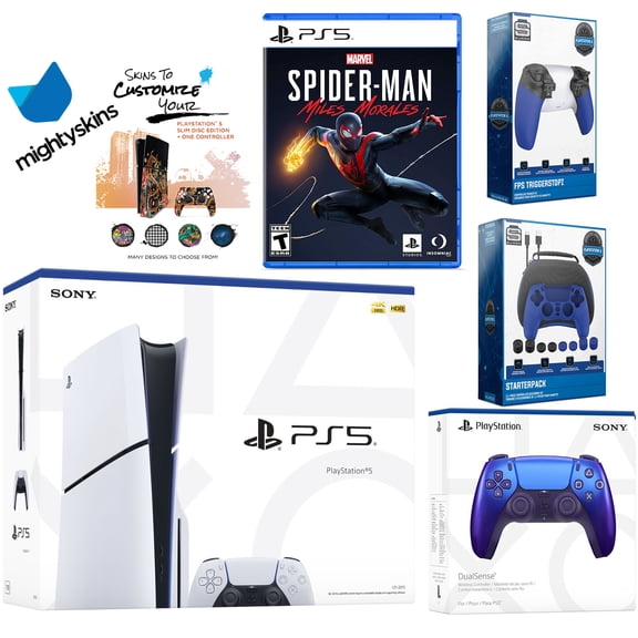 Sony Playstation 5 Slim Disc Bundle with Spider-Man: Miles Morales, Extra EDGE Controller, Pro Gamer Kit, Trigger Kit and MightySkins Decal Voucher