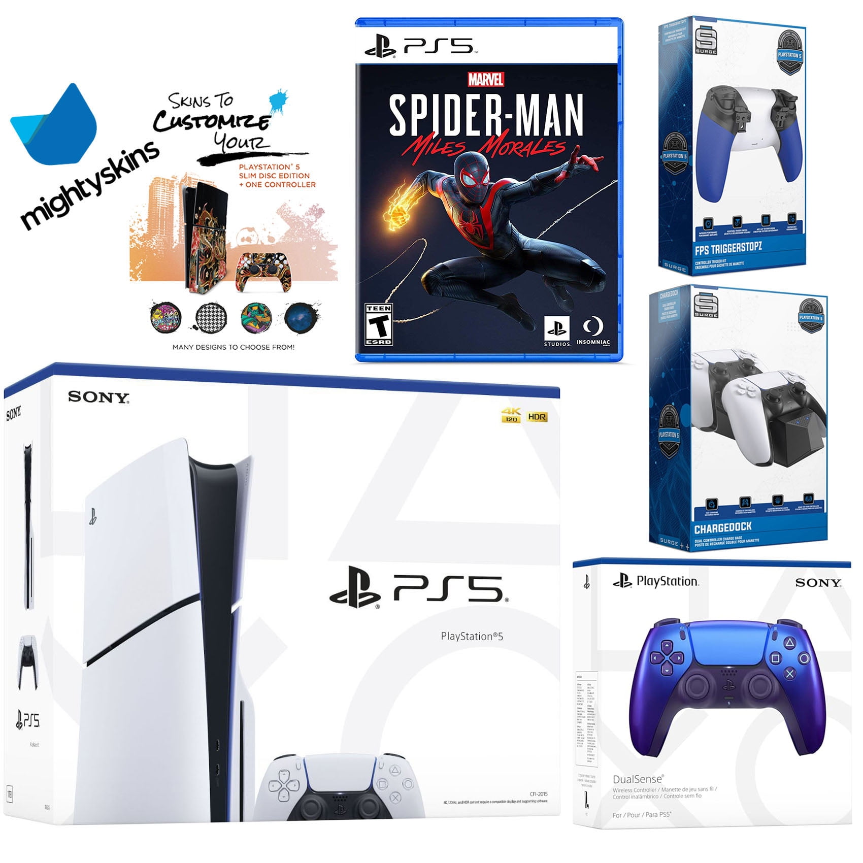 Sony Playstation 5 Slim Disc Bundle with Spider-Man: Miles Morales, Extra Chroma Indigo Controller, Trigger Stop Kit, Dual Charge Dock and MightySkins Decal Voucher