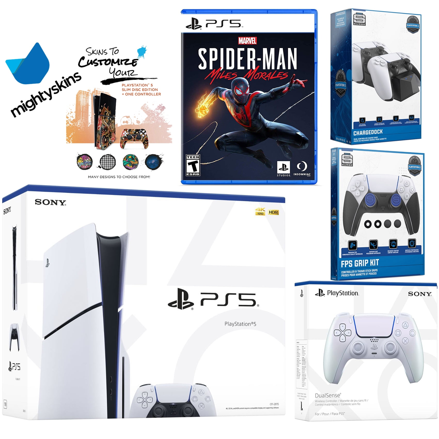 Sony Playstation 5 Slim Disc Bundle with Spider-Man: Miles Morales, Extra Chroma Pearl Controller, FPS Grip Kit, Dual Charge Dock and MightySkins Decal Voucher