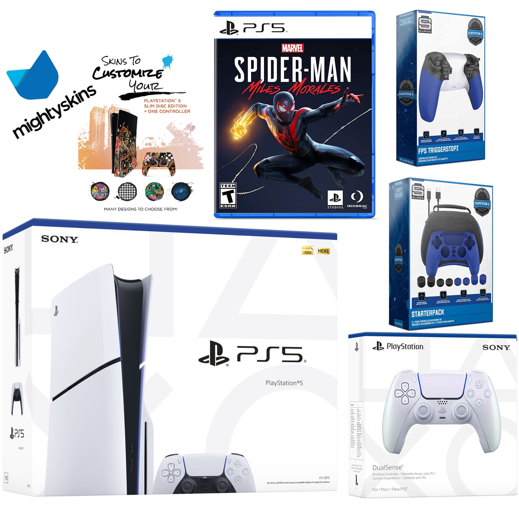 Sony Playstation 5 Slim Disc Bundle with Spider-Man: Miles Morales, Extra EDGE Controller, Pro Gamer Kit, Trigger Kit and MightySkins Decal Voucher
