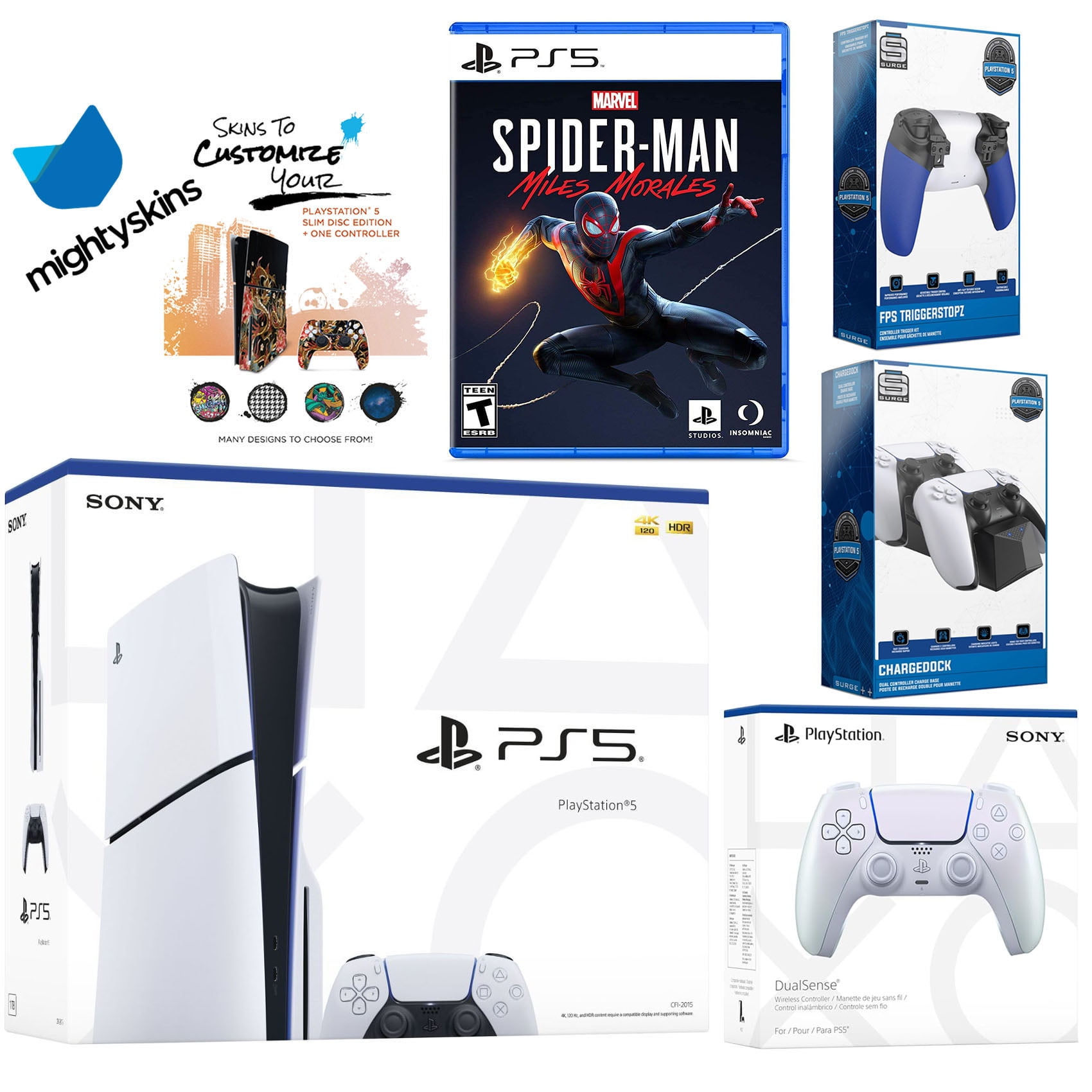 Sony Playstation 5 Slim Disc Bundle with Spider-Man: Miles Morales, Extra Chroma Pearl Controller, Trigger Stop Kit, Dual Charge Dock and MightySkins Decal Voucher