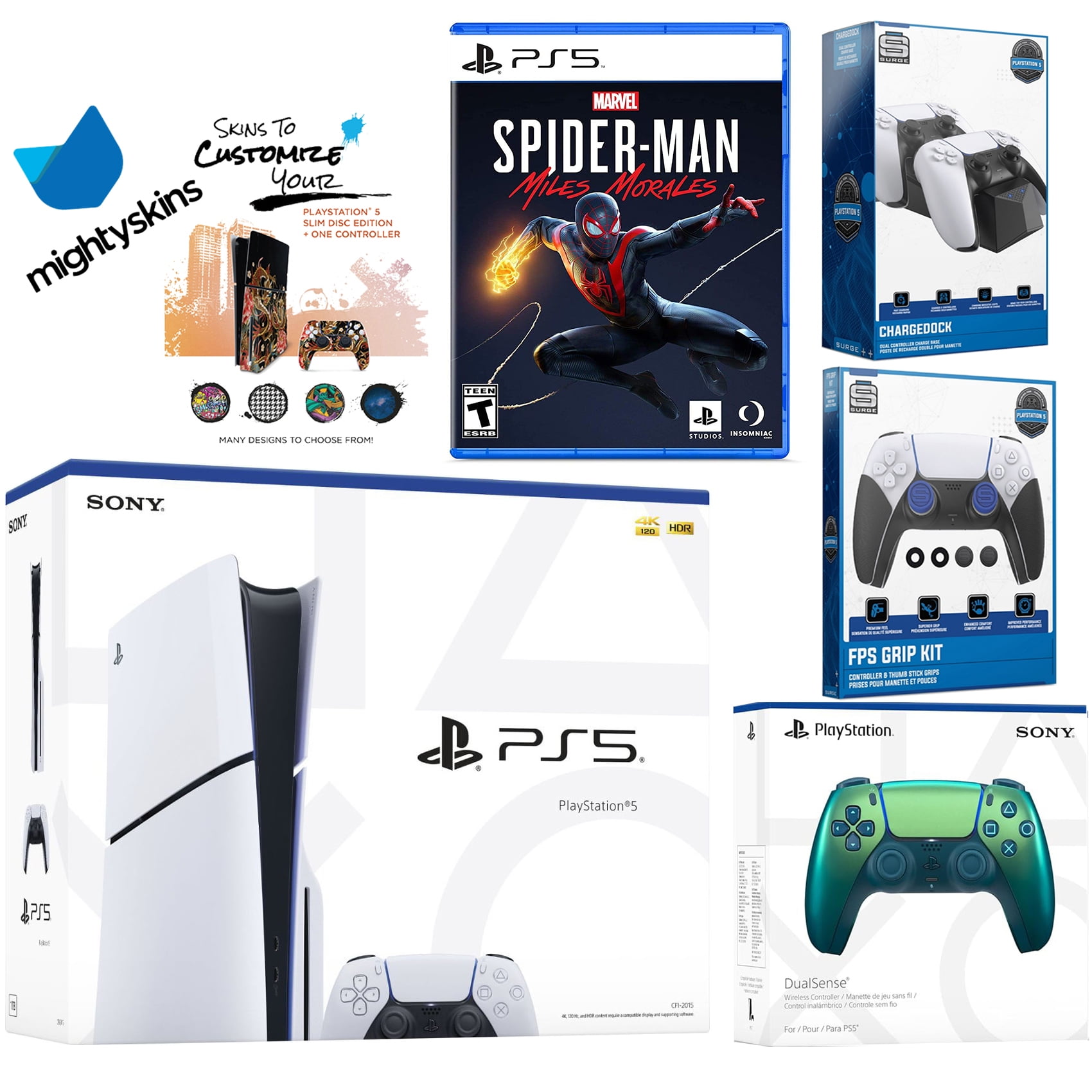 Sony Playstation 5 Slim Disc Bundle with Spider-Man: Miles Morales, Extra Chroma Teal Controller, FPS Grip Kit, Dual Charge Dock and MightySkins Decal Voucher