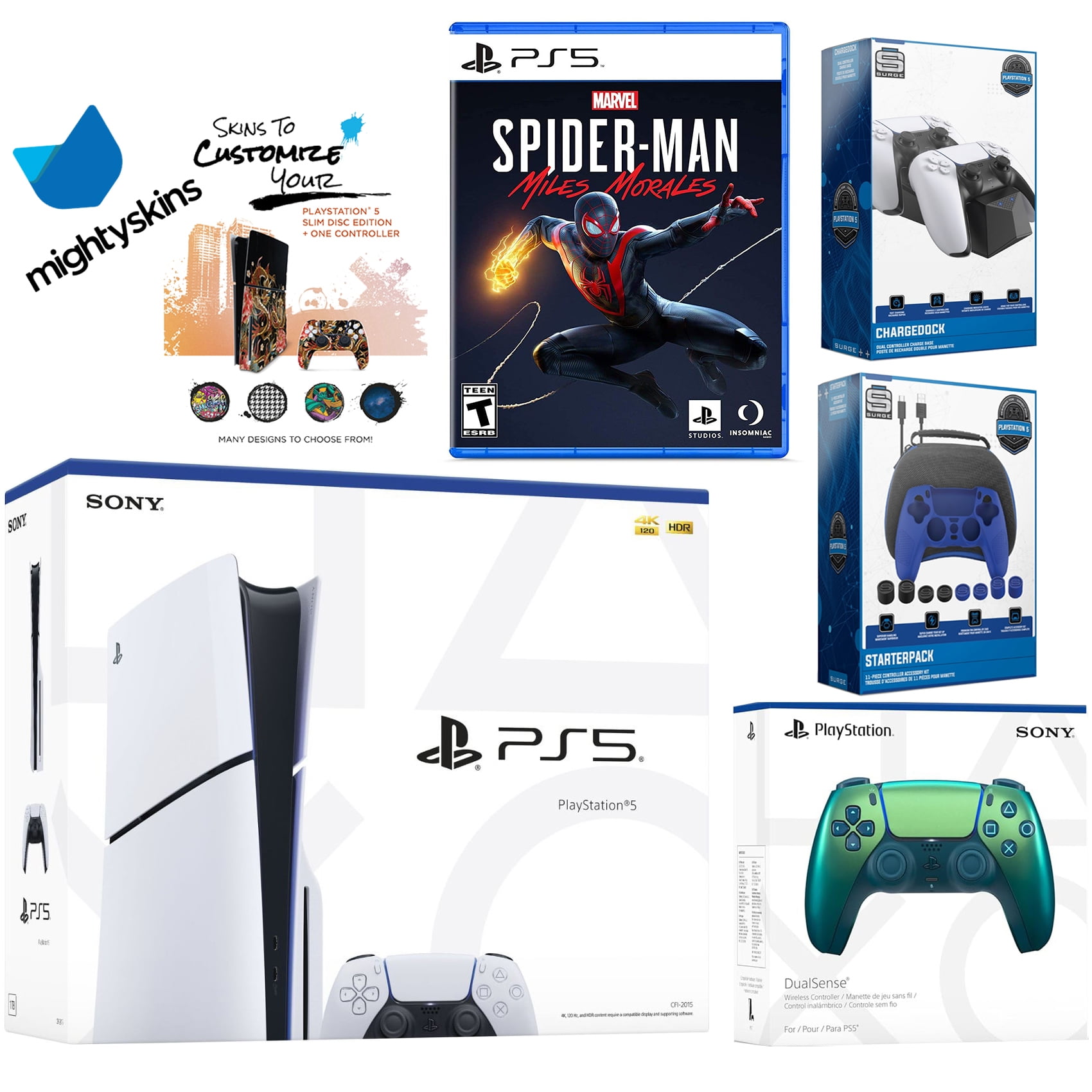 Sony Playstation 5 Slim Disc Bundle with Spider-Man: Miles Morales, Extra Chroma Teal Controller, Pro Gamer Kit, Dual Charge Dock and MightySkins Decal Voucher