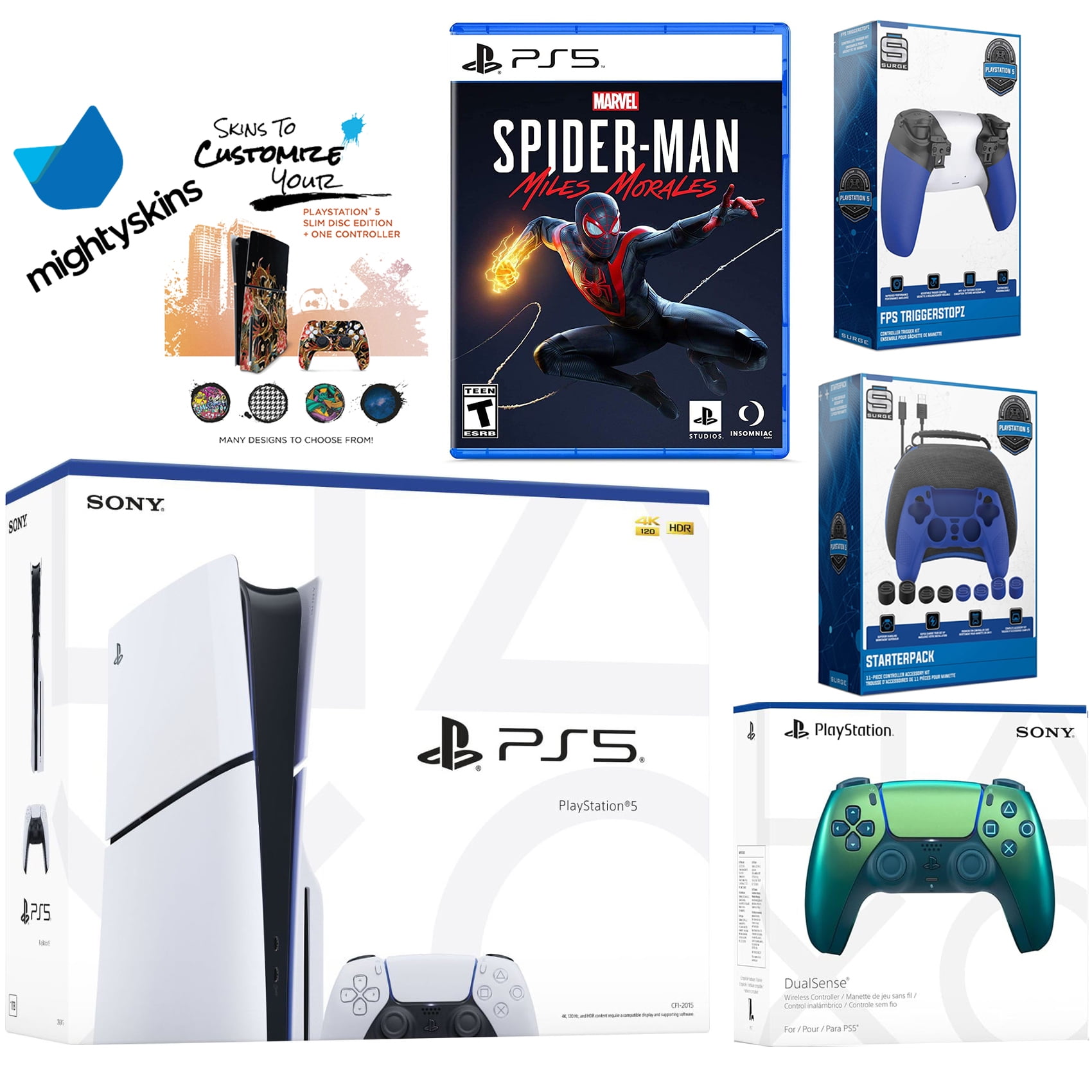 Sony Playstation 5 Slim Disc Bundle with Spider-Man: Miles Morales, Extra EDGE Controller, Pro Gamer Kit, Trigger Kit and MightySkins Decal Voucher