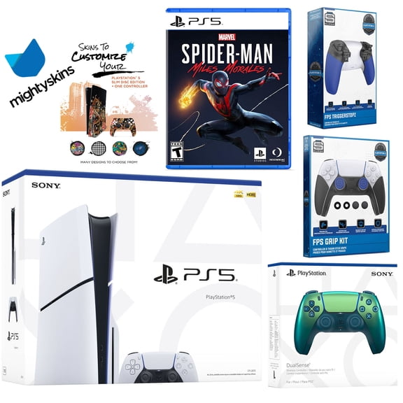 Sony Playstation 5 Slim Disc Bundle with Spider-Man: Miles Morales, Extra Chroma Teal Controller, Trigger Stop Kit, FPS Grip Kit and MightySkins Decal Voucher