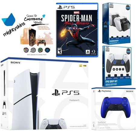 Sony Playstation 5 Slim Disc Bundle with Spider-Man: Miles Morales, Extra Cobalt Blue Controller, FPS Grip Kit, Dual Charge Dock and MightySkins Decal Voucher