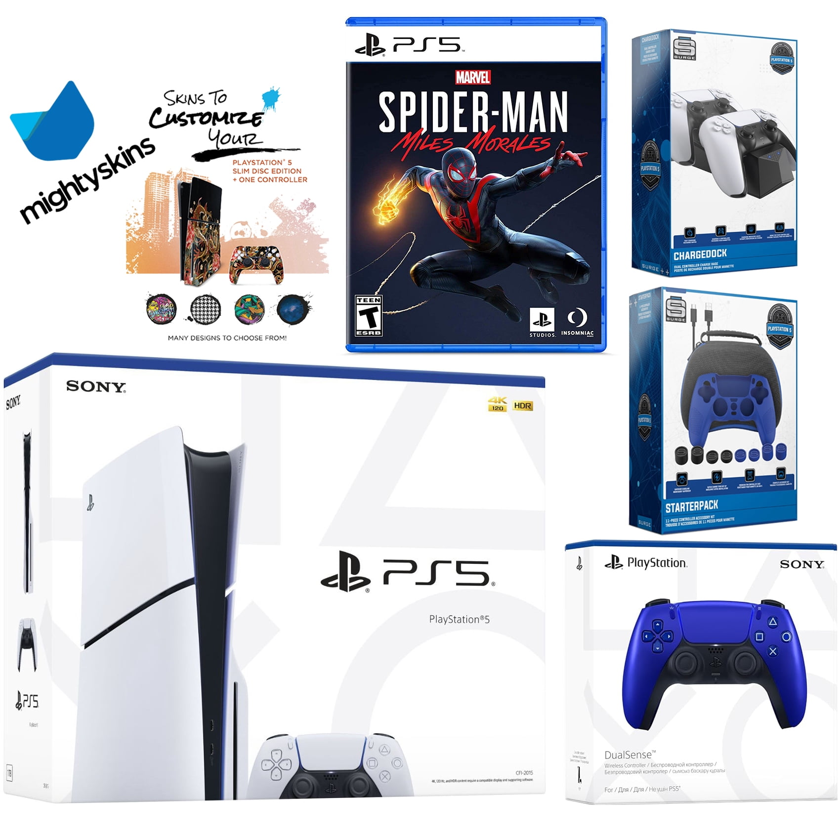 Sony Playstation 5 Slim Disc Bundle with Spider-Man: Miles Morales, Extra Cobalt Blue Controller, Pro Gamer Kit, Dual Charge Dock and MightySkins Decal Voucher