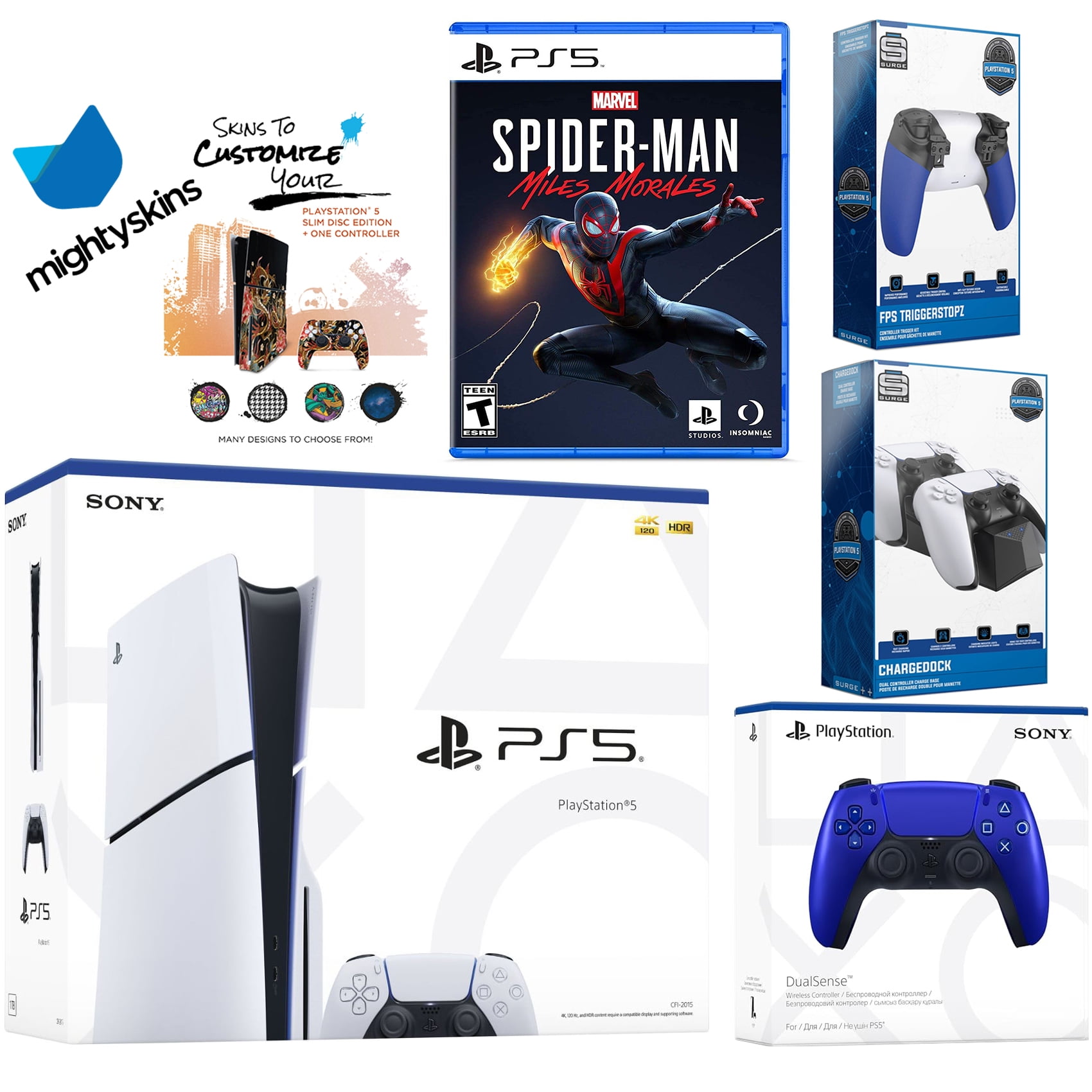 Sony Playstation 5 Slim Disc Bundle with Spider-Man: Miles Morales, Extra Cobalt Blue Controller, Pro Gamer Kit, Trigger Kit and MightySkins Decal Voucher
