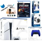 Sony Playstation 5 Slim Disc Bundle with Spider-Man Miles Morales, Extra Cobalt Blue Controller, Pro Gamer Kit, Trigger Kit and MightySkins Decal Voucher