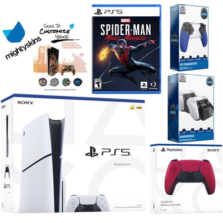 Sony Playstation 5 Slim Disc Bundle with Spider-Man: Miles Morales, Extra Cosmic Red Controller, Trigger Stop Kit, Dual Charge Dock and MightySkins Decal Voucher