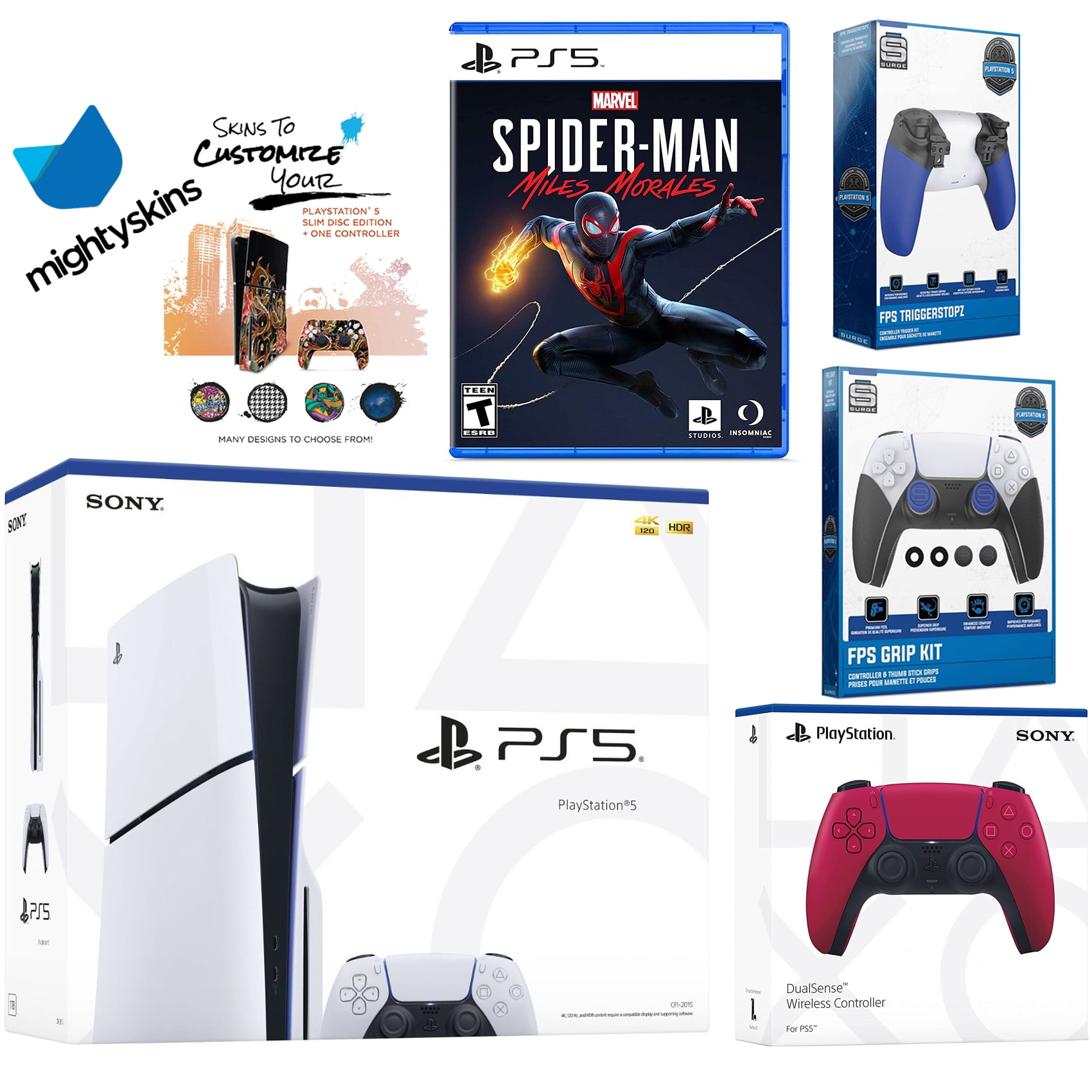 Sony Playstation 5 Slim Disc Bundle with Spider-Man: Miles Morales, Extra Cosmic Red Controller, Trigger Stop Kit, FPS Grip Kit and MightySkins Decal Voucher