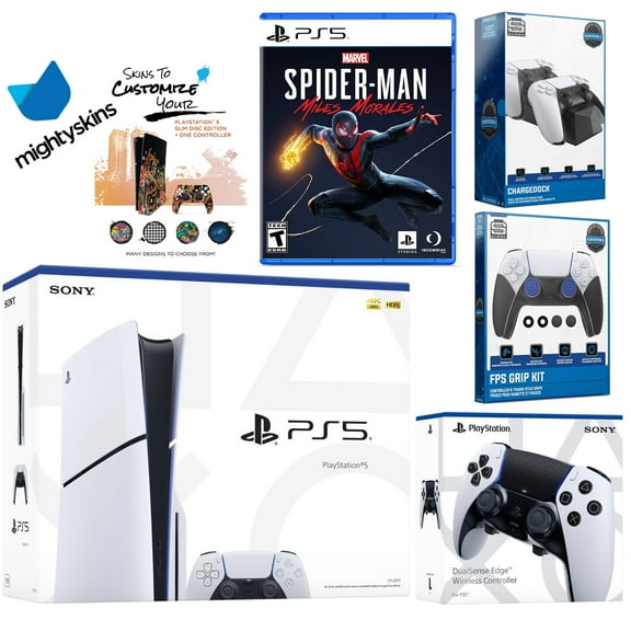 Sony Playstation 5 Slim Disc Bundle with Spider-Man: Miles Morales, Extra EDGE Controller, FPS Grip Kit, Dual Charge Dock and MightySkins Decal Voucher