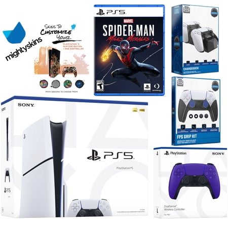 Sony Playstation 5 Slim Disc Bundle with Spider-Man: Miles Morales, Extra Galactic Purple Controller, FPS Grip Kit, Dual Charge Dock and MightySkins Decal Voucher