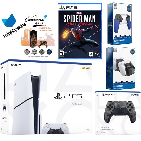 Sony Playstation 5 Slim Disc Bundle with Spider-Man: Miles Morales, Extra Gray Camo Controller, Trigger Stop Kit, Dual Charge Dock and MightySkins Decal Voucher