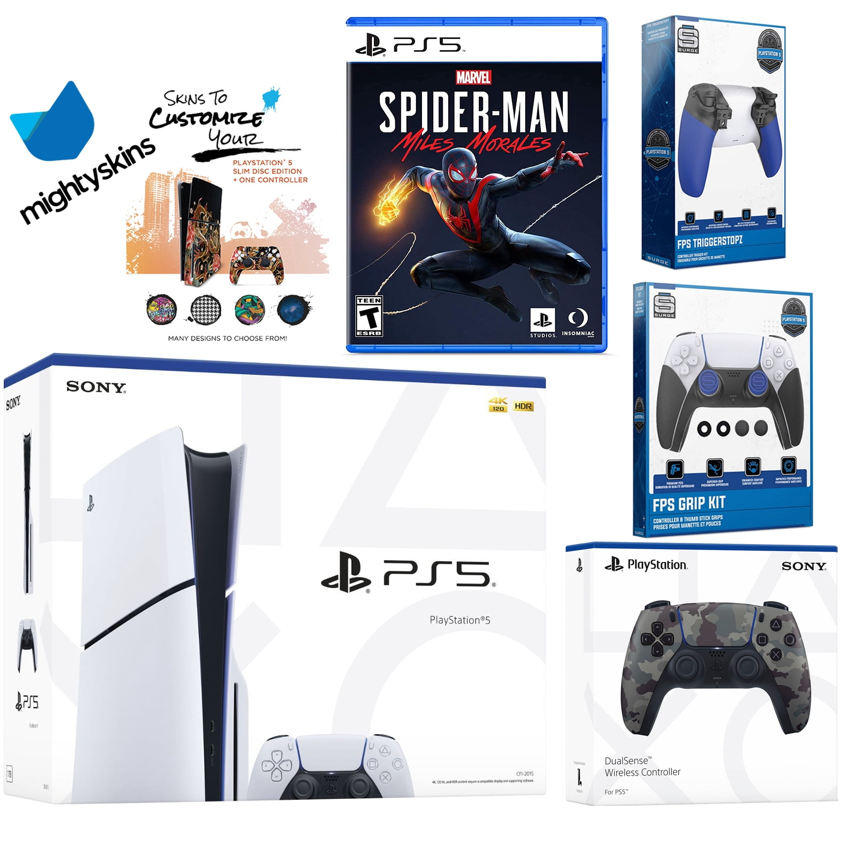 Sony Playstation 5 Slim Disc Bundle with Spider-Man: Miles Morales, Extra Gray Camo Controller, Trigger Stop Kit, FPS Grip Kit and MightySkins Decal Voucher