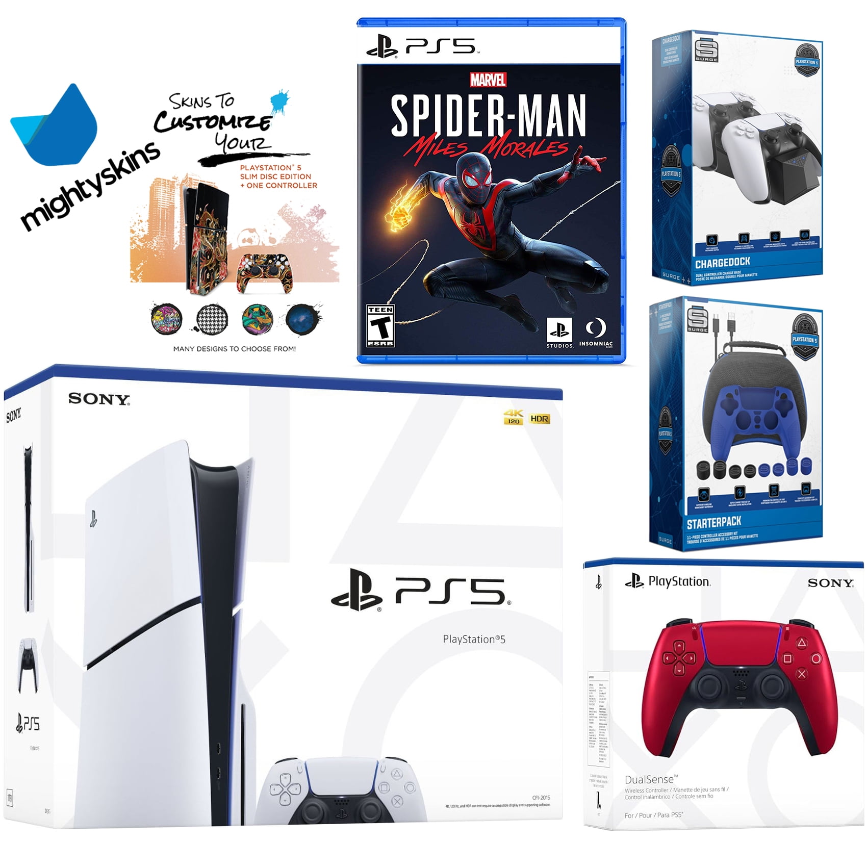 Sony Playstation 5 Slim Disc Bundle with Spider-Man: Miles Morales, Extra Volcanic Red Controller, Pro Gamer Kit, Dual Charge Dock and MightySkins Decal Voucher