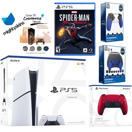 Sony Playstation 5 Slim Disc Bundle with Spider-Man: Miles Morales, Extra Volcanic Red Controller, Pro Gamer Kit, Trigger Kit and MightySkins Decal Voucher