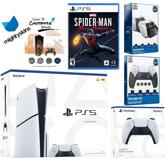 Sony Playstation 5 Slim Disc Bundle with Spider-Man: Miles Morales, Extra White Controller, FPS Grip Kit, Dual Charge Dock and MightySkins Decal Voucher